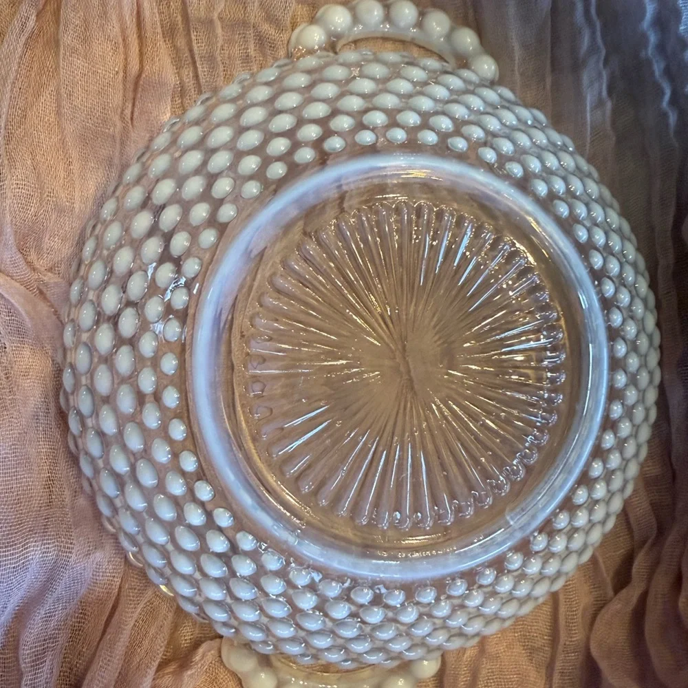 Vintage Hobnail Milk Glass Double Handle Bowl Farmhouse Cottage Decor